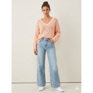 American Eagle Peach Cable Knit V-Neck Wool Blend Sweater‎ Medium Oversized